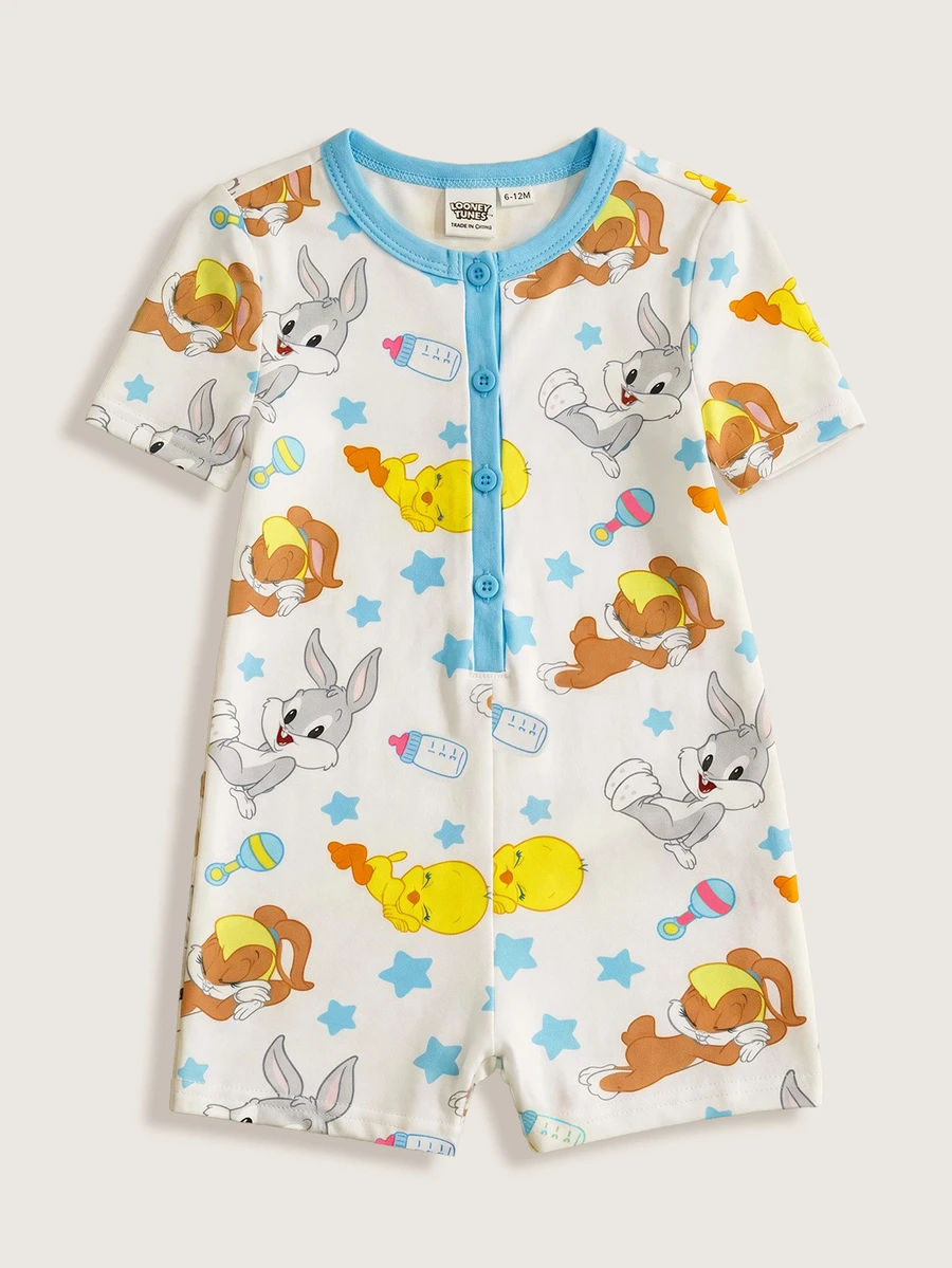 LOONEY TUNES X SHEIN Baby Girl Summer Cute Cartoon Star Print Contrast Color Short Sleeve Button-Up Romper - Blue - View 1