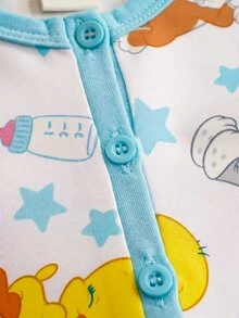 LOONEY TUNES X SHEIN Baby Girl Summer Cute Cartoon Star Print Contrast Color Short Sleeve Button-Up Romper - Blue - View 4