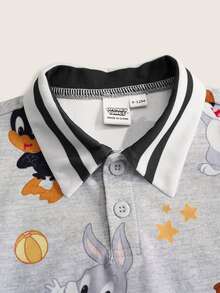 LOONEY TUNES X SHEIN 1件男婴休闲卡通图案短袖polo连体衣 - 灰色 - 查看 3