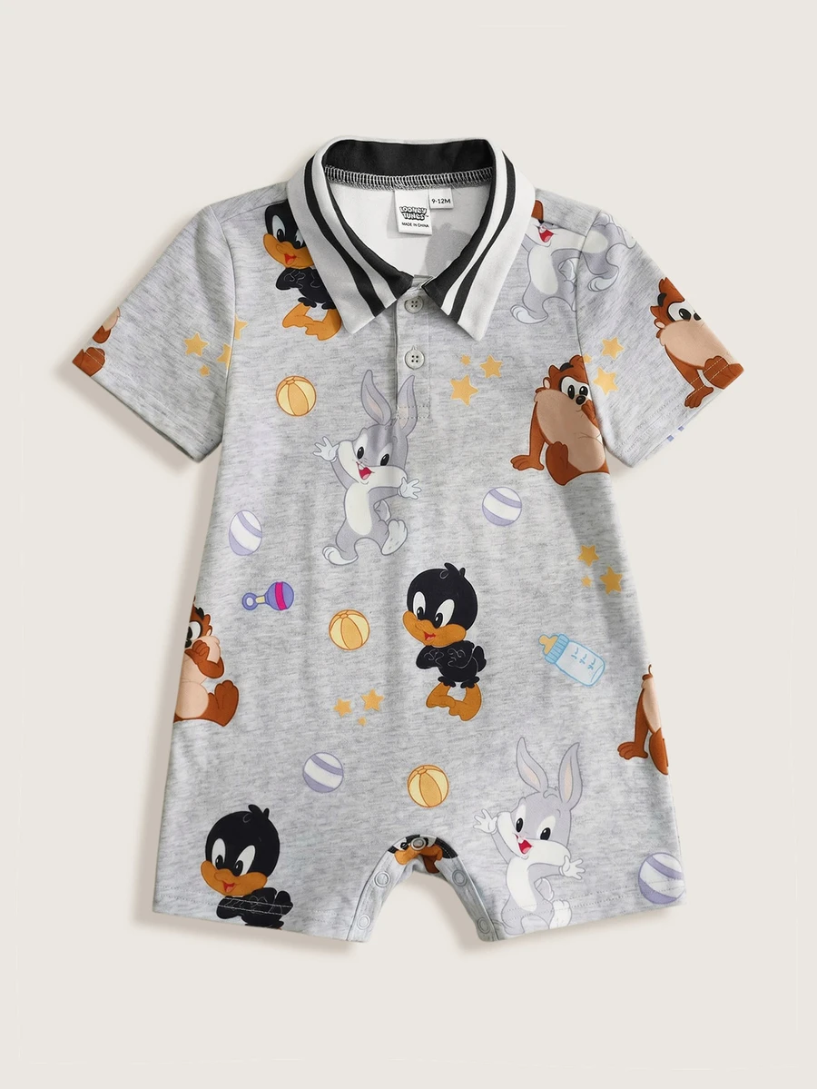 LOONEY TUNES X SHEIN 1件男婴休闲卡通图案短袖polo连体衣 - 灰色 - 查看 1