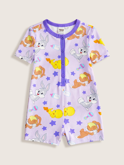 LOONEY TUNES X SHEIN Mono de manga corta con botones a presión, estampado de estrellas de dibujos animados y contraste de colores, para bebé niña en verano