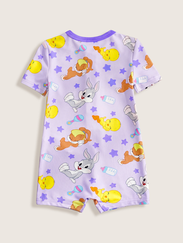 LOONEY TUNES X SHEIN Baby Girl Summer Cute Cartoon Star Print Contrast Color Short Sleeve Snap Button Jumpsuit - Purple - View 2