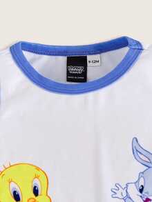LOONEY TUNES X SHEIN Baby Boy Cute Cartoon Bird Tweety & Rabbit Print Striped Casual Romper, Suitable For Spring/Summer - Blue and White - View 3