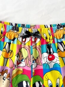LOONEY TUNES X SHEIN Women's Cartoon Pattern Patchwork Color Camisole Top And Shorts Casual Daily Home Pajama Set - Multicolor - View 5