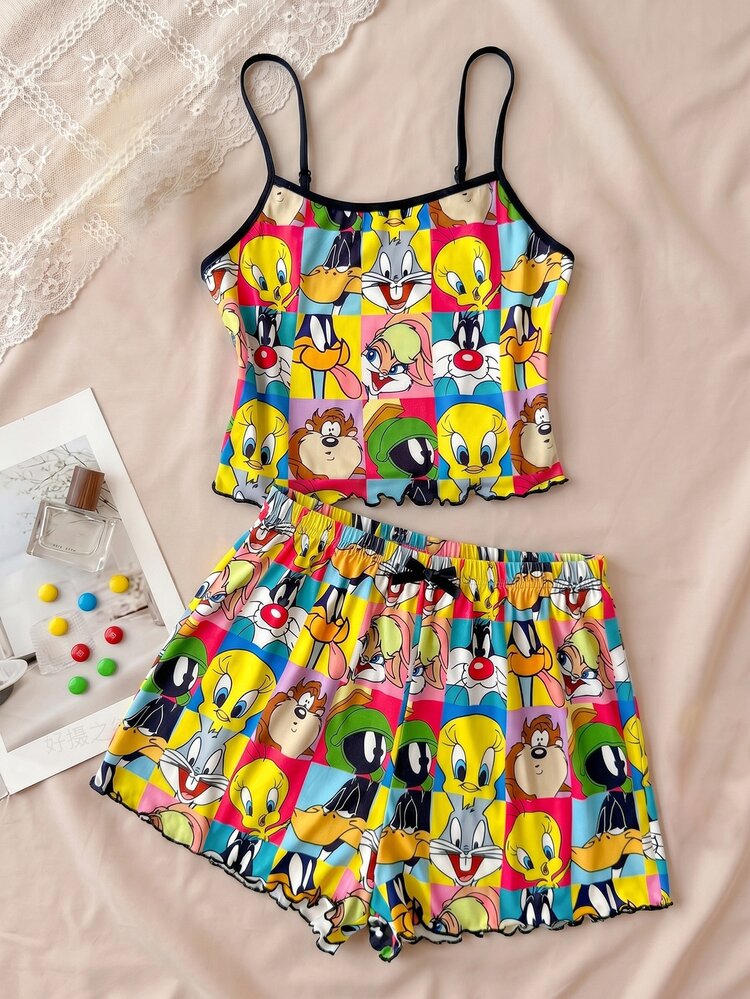 LOONEY TUNES X SHEIN 女款卡通圖案拼接撞色細肩帶上衣與短褲休閒日常居家睡衣套裝 - 彩色 - 查看 3