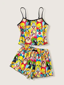 LOONEY TUNES X SHEIN Women's Cartoon Pattern Patchwork Color Camisole Top And Shorts Casual Daily Home Pajama Set - Multicolor - View 1