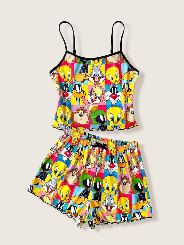 LOONEY TUNES X SHEIN Conjunto de pijama casual feminino para casa e uso diário com top camisola e calções, padrão de desenhos animados e patchwork colorido