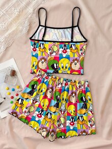 LOONEY TUNES X SHEIN Women's Cartoon Pattern Patchwork Color Camisole Top And Shorts Casual Daily Home Pajama Set - Multicolor - View 2