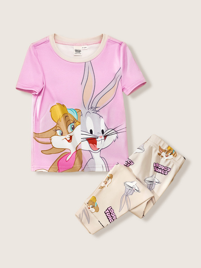 LOONEY TUNES X SHEIN Conjunto de Pijama Casual de Verão para Bebê Menina com Estampa de Coelho e Recorte Contrastante, Camiseta de Manga Curta e Calça