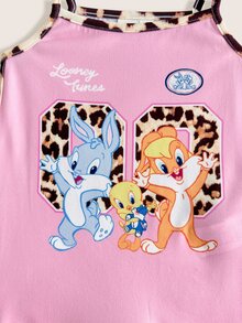 LOONEY TUNES X SHEIN 女嬰拼接豹紋休閒細肩帶連身褲 - 粉色 - 查看 5