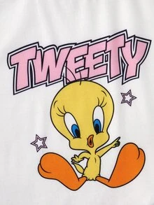 LOONEY TUNES X SHEIN 女款卡通印花圓領短袖上衣與格紋蝴蝶結印花短褲睡衣套裝 - 粉色 - 查看 4