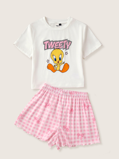 LOONEY TUNES X SHEIN طقم بيجامة نسائي بقمة برقبة دائرية وأكمام قصيرة بطبعة كرتونية وشورت بطبعة مربعات وفيونكة