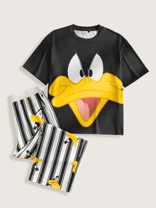 LOONEY TUNES X SHEIN 男士卡通印花圆领短袖上衣和条纹印花长裤休闲睡衣套装 - 黑色 - 查看 1