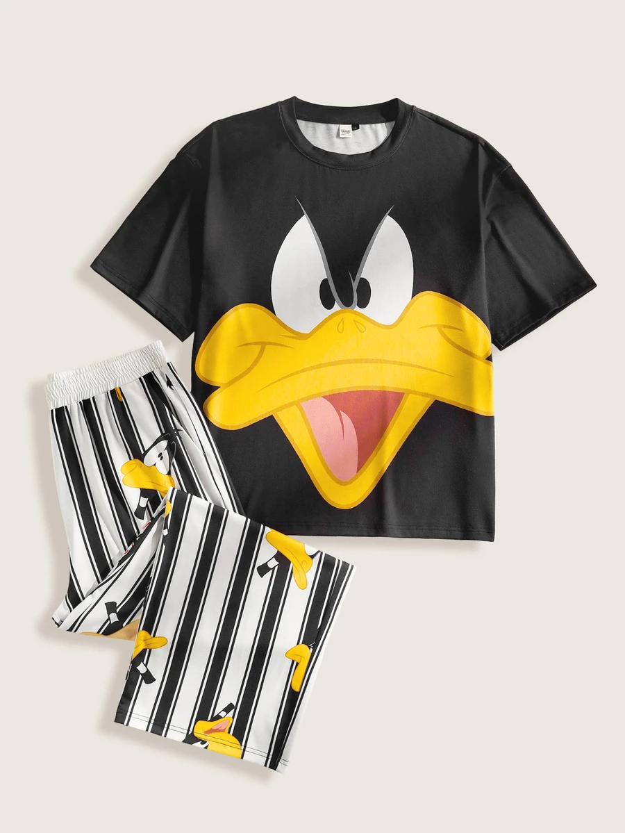 LOONEY TUNES X SHEIN 男士卡通印花圆领短袖上衣和条纹印花长裤休闲睡衣套装 - 黑色 - 查看 1