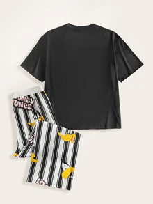 LOONEY TUNES X SHEIN 男士卡通印花圆领短袖上衣和条纹印花长裤休闲睡衣套装 - 黑色 - 查看 2