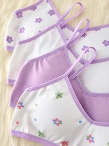 4件組女款紫色花卉甜美極簡基本款內墊胸杯蝴蝶結軟綿優雅森女風細肩帶背心上衣 - 彩色 - 查看 4