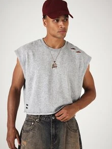 SUMWON Cropped Sleeveless Muscle Tee With Distressed Rips And Western Cowboy Back Graphic Print Summer Festival Tank Top - Grey - View 5