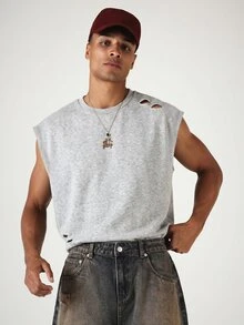 SUMWON Cropped Sleeveless Muscle Tee With Distressed Rips And Western Cowboy Back Graphic Print Summer Festival Tank Top - Grey - View 3