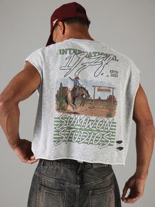 SUMWON Cropped Sleeveless Muscle Tee With Distressed Rips And Western Cowboy Back Graphic Print Summer Festival Tank Top - Grey - View 1