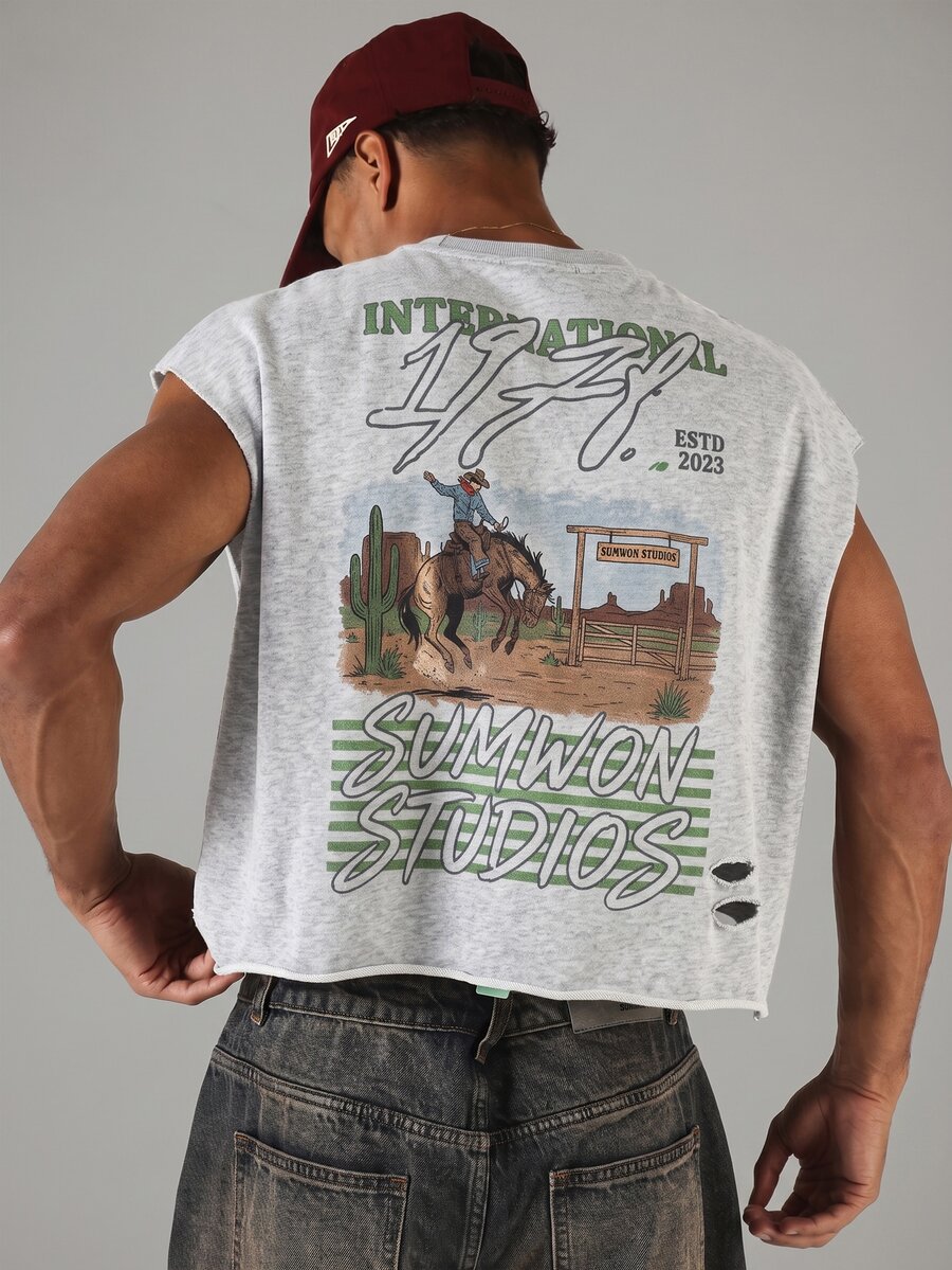 SUMWON Cropped Sleeveless Muscle Tee With Distressed Rips And Western Cowboy Back Graphic Print Summer Festival Tank Top - Grey - View 1