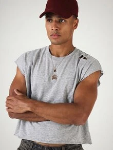 SUMWON Cropped Sleeveless Muscle Tee With Distressed Rips And Western Cowboy Back Graphic Print Summer Festival Tank Top - Grey - View 4