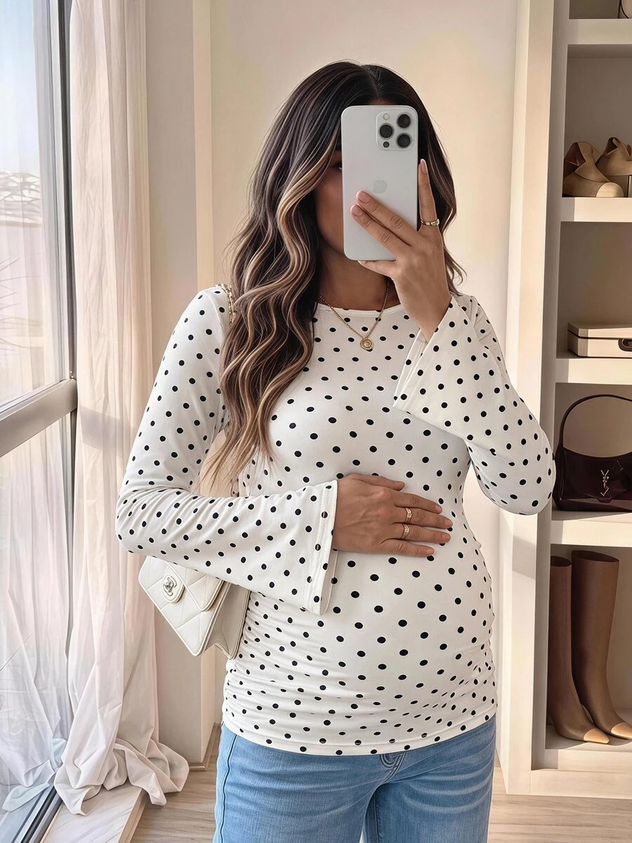 SHEIN Maternity Polka Dot Print Round Neck Long Sleeve Slim Fit T-Shirt Fall - White - View 1