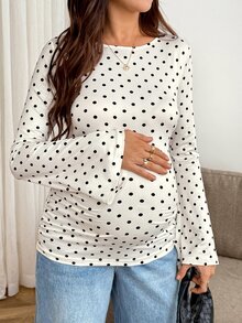 SHEIN Maternity Polka Dot Print Round Neck Long Sleeve Slim Fit T-Shirt Fall - White - View 5