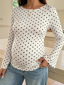 SHEIN Maternity Polka Dot Print Round Neck Long Sleeve Slim Fit T-Shirt Fall - White - View 3