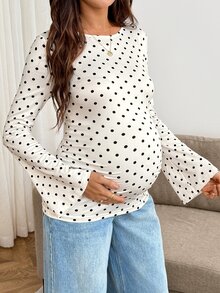 SHEIN Maternity Polka Dot Print Round Neck Long Sleeve Slim Fit T-Shirt Fall - White - View 9