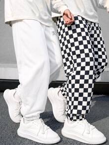 SHEIN 2件裝兒童青少年男孩休閒舒適彈性腰寬腿純色長褲，適合學校、日常休閒外出、運動，秋冬款 - 黑與白 - 查看 4