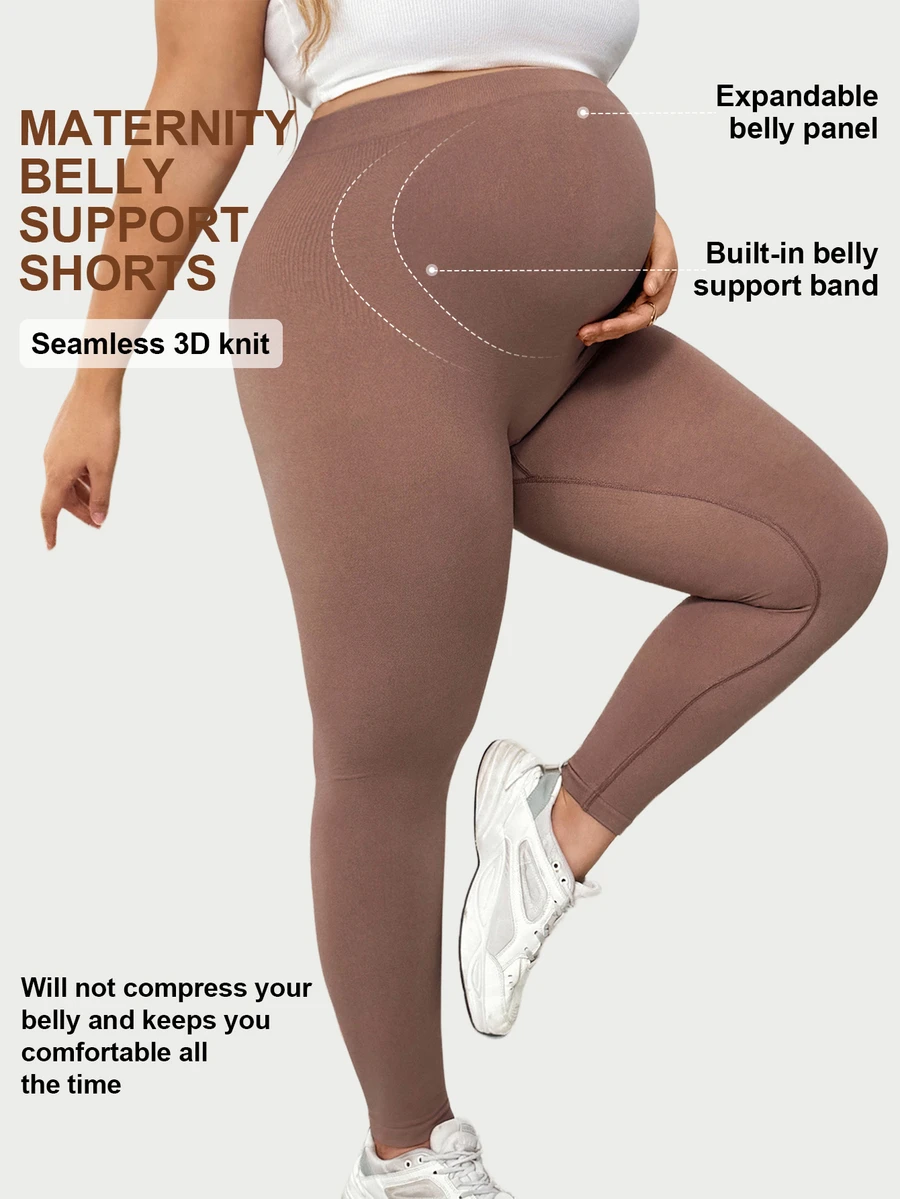 Plussiva Plus Size Maternity Solid Tummy Control Leggings Seamless High-Stretch Postpartum Photoshoot Casual Boxy Baggy Formal Loose Fit Dusty Blue Winter - Chocolate Brown - View 1