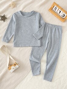 SHEIN Kids Young Boy Solid Color Minimalist Crew Neck Long Sleeve Long Pants Base Layer Underwear 2pcs Set - Grey - View 5