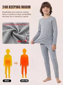 SHEIN Kids Young Boy Solid Color Minimalist Crew Neck Long Sleeve Long Pants Base Layer Underwear 2pcs Set - Grey - View 1