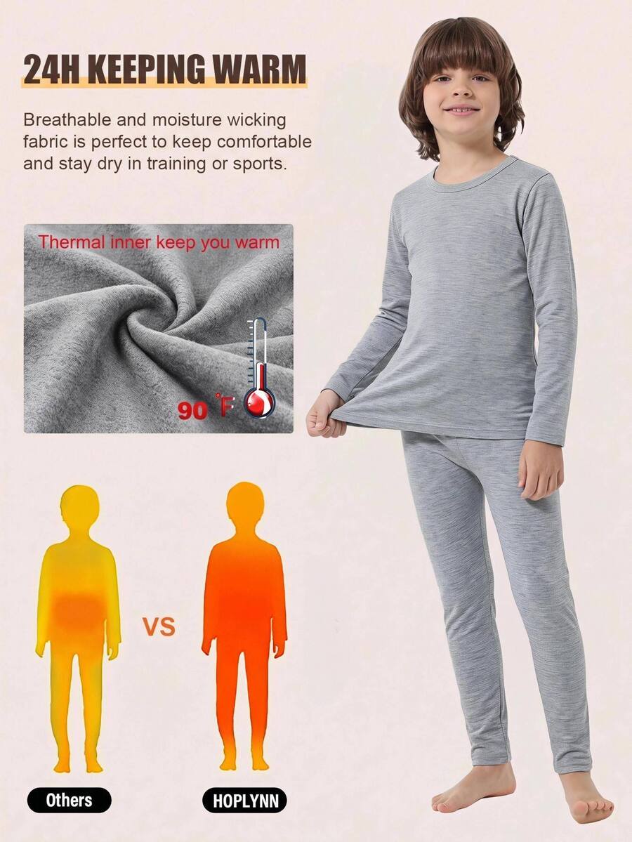 SHEIN Kids Young Boy Solid Color Minimalist Crew Neck Long Sleeve Long Pants Base Layer Underwear 2pcs Set - Grey - View 1