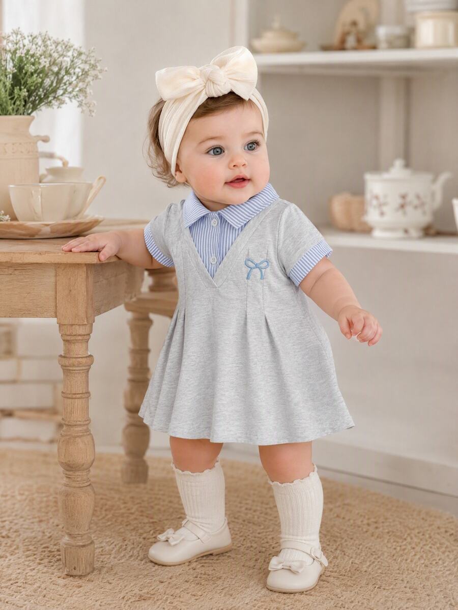 SHEIN Elegant Sweet Cute Minimalist Casual Style Butterfly Pattern Dress For Baby Girls - Grey - View 1