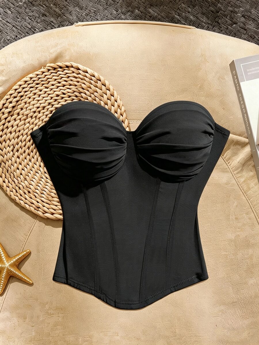 SHEIN Franclia 女款純色抓皺胸前不對稱下擺抹胸上衣 夜店黑色夏季性感繃帶款 萬聖節派對夜店穿搭 - 黑色 - 查看 1