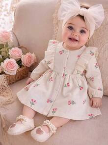 SHEIN Vintaside Kids 女嬰單件洋裝 春秋森系可愛風 刺繡休閒熱帶風 幼兒花童生日度假米白色 - 彩色 - 查看 5