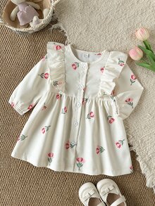 SHEIN Vintaside Kids 女嬰單件洋裝 春秋森系可愛風 刺繡休閒熱帶風 幼兒花童生日度假米白色 - 彩色 - 查看 6