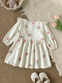 SHEIN Vintaside Kids 女嬰單件洋裝 春秋森系可愛風 刺繡休閒熱帶風 幼兒花童生日度假米白色 - 彩色 - 查看 3