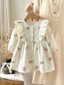 SHEIN Vintaside Kids 女嬰單件洋裝 春秋森系可愛風 刺繡休閒熱帶風 幼兒花童生日度假米白色 - 彩色 - 查看 2
