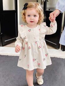 SHEIN Vintaside Kids 女嬰單件洋裝 春秋森系可愛風 刺繡休閒熱帶風 幼兒花童生日度假米白色 - 彩色 - 查看 4