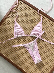 Swim SXY 女款夏季海灘拼色掛脖綁帶性感比基尼三角褲兩件式泳衣套裝 - 彩色 - 查看 6