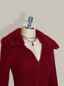 SHEIN ICON Plus Size Front Zip Knit Cardigan, Fur Collar Cuff Lapel Warm Knit Jacket, Suitable For Autumn, Autumn/Winter Knit Jacket Fall - Burgundy - View 5
