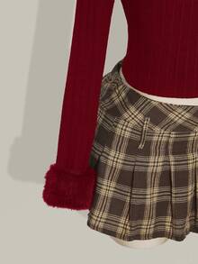 SHEIN ICON Plus Size Front Zip Knit Cardigan, Fur Collar Cuff Lapel Warm Knit Jacket, Suitable For Autumn, Autumn/Winter Knit Jacket Fall - Burgundy - View 6