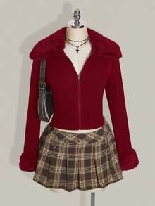 SHEIN ICON Plus Size Front Zip Knit Cardigan, Fur Collar Cuff Lapel Warm Knit Jacket, Suitable For Autumn, Autumn/Winter Knit Jacket Fall - Burgundy - View 7
