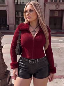 SHEIN ICON Plus Size Front Zip Knit Cardigan, Fur Collar Cuff Lapel Warm Knit Jacket, Suitable For Autumn, Autumn/Winter Knit Jacket Fall - Burgundy - View 1