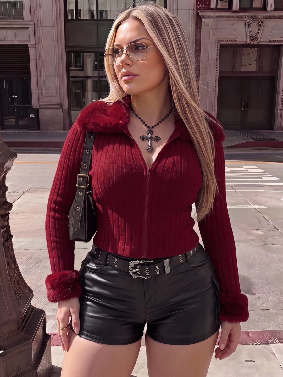 SHEIN ICON Plus Size Front Zip Knit Cardigan, Fur Collar Cuff Lapel Warm Knit Jacket, Suitable For Autumn, Autumn/Winter Knit Jacket Fall - Burgundy - View 1