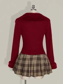 SHEIN ICON Plus Size Front Zip Knit Cardigan, Fur Collar Cuff Lapel Warm Knit Jacket, Suitable For Autumn, Autumn/Winter Knit Jacket Fall - Burgundy - View 8