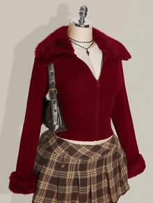 SHEIN ICON Plus Size Front Zip Knit Cardigan, Fur Collar Cuff Lapel Warm Knit Jacket, Suitable For Autumn, Autumn/Winter Knit Jacket Fall - Burgundy - View 3
