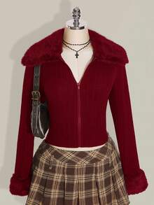 SHEIN ICON Plus Size Front Zip Knit Cardigan, Fur Collar Cuff Lapel Warm Knit Jacket, Suitable For Autumn, Autumn/Winter Knit Jacket Fall - Burgundy - View 2
